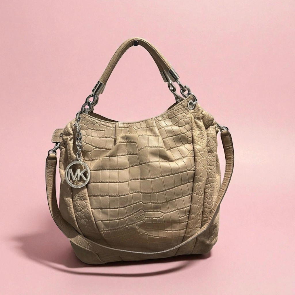 Michael Kors Erin Beige Crocodile Embossed Leather Shoulder Tote